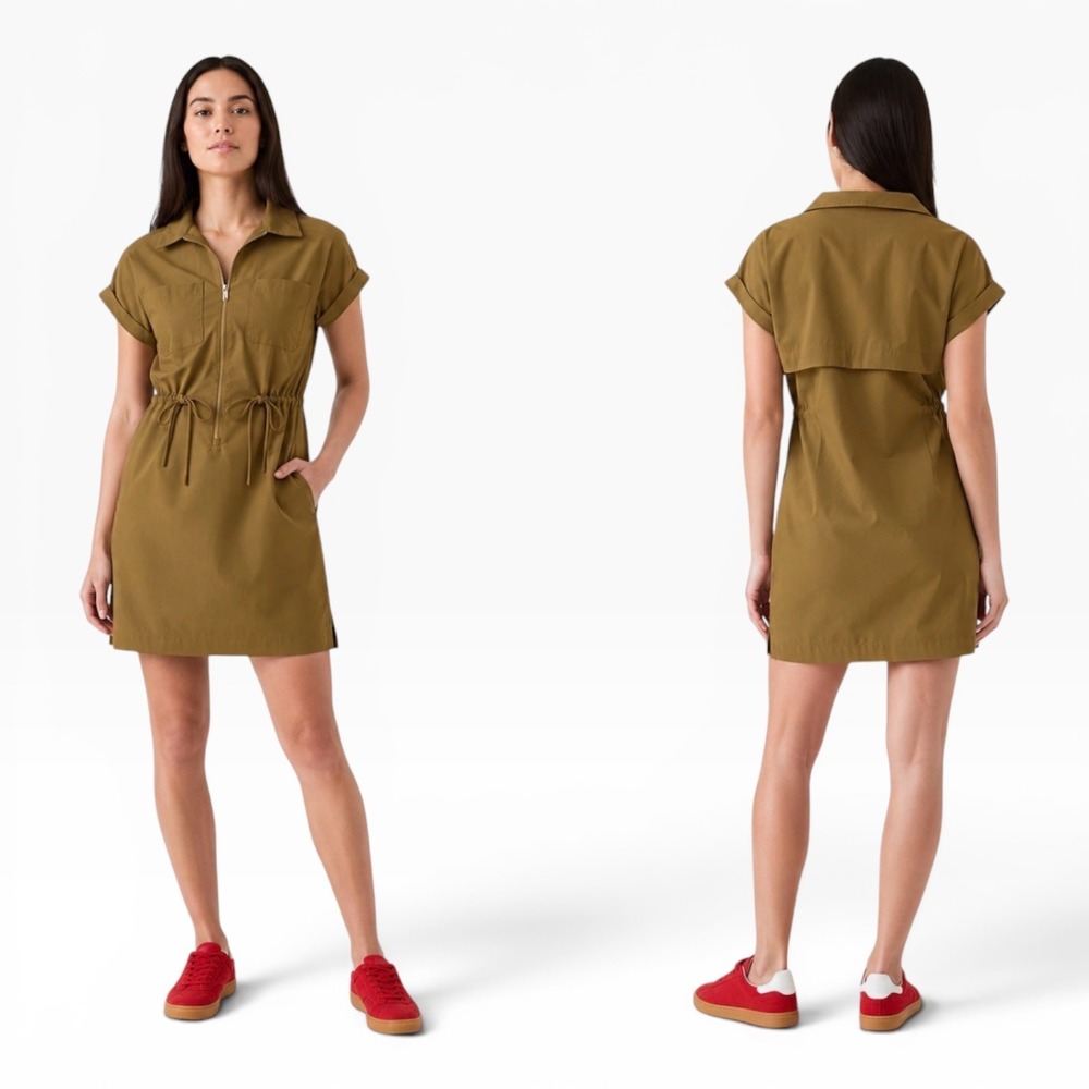 Athleta Topspin MP Dress XS Big Sur Brown Tan Utility Half Zip Drawstring Waist